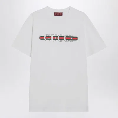 Gucci Women White Crewneck T-shirt Wth Web Print With Logo Lettering On The Front In Cotton Woman