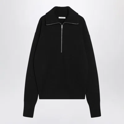 Lemaire Half Zip Sweater In Ribbed Virgin Wool In Black