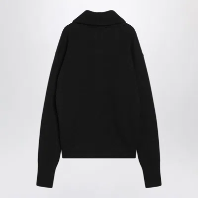 Lemaire Half Zip Sweater In Ribbed Virgin Wool In Black