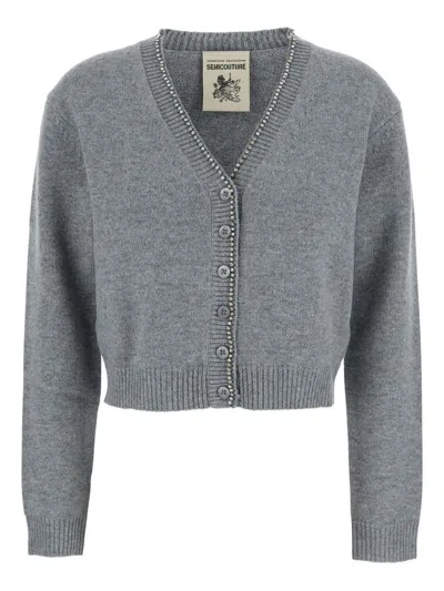 Semicouture Cropped Cashmere Blend Cardigan With Embellished Placket In Gray