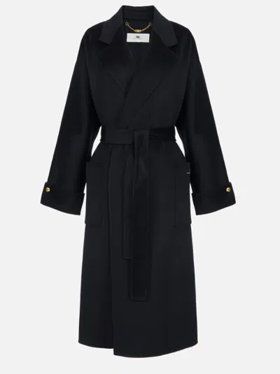 Elisabetta Franchi Black Coat With Notched Revers And Front Belt Closure In Wool Woman In Black