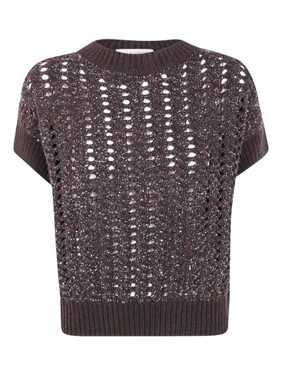 D Exterior Sequin-embellished Open-knit Sweater In Brown