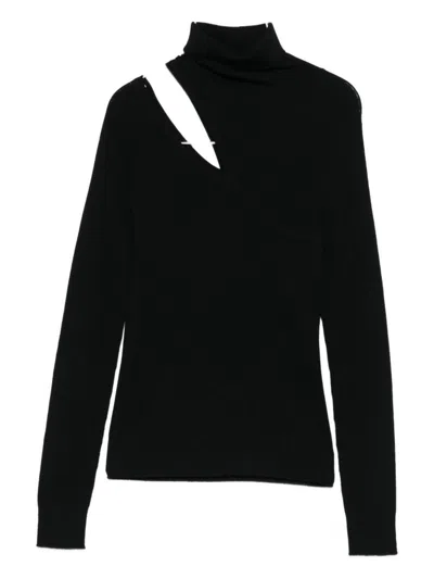 D Exterior Asymmetrical Cut-out Black Wool Sweater In Black