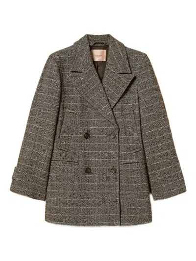 Twinset Herringbone Double-breasted Coat In Gray