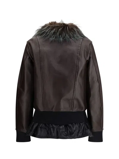 Sacai Convertible Plush-trimmed Padded Leather Jacket In Brown