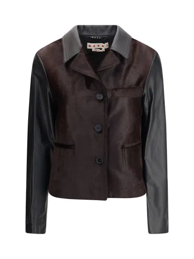 Marni Leather Jacket With Pony Hair Inserts In Brown