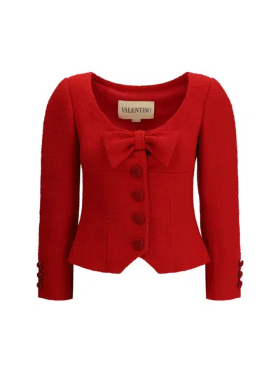 Valentino Womens Bow-embroidered Scoop-neck Tweed Jacket Paris In Red