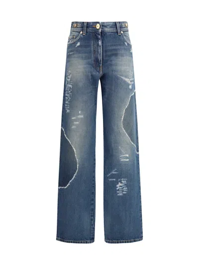Versace Distressed Patchwork High-rise Wide-leg Jeans In Animal Print