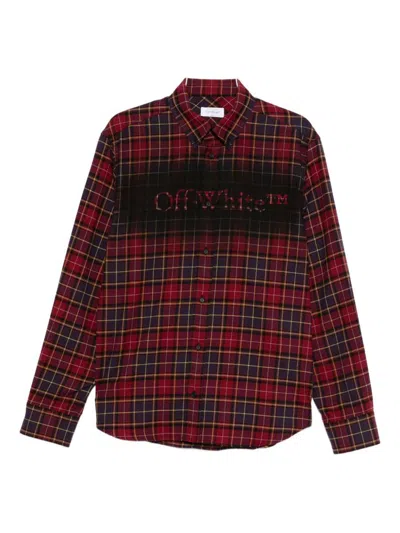 Off-white Bordeaux Shirt With Maxi Logo Lettering On The Front And All-over Check Motif In Wool Man In Red