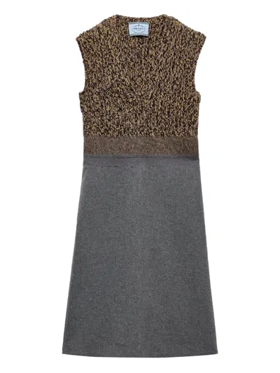 Prada Shetland Mouline Cashmere V-neck Dress In Brown