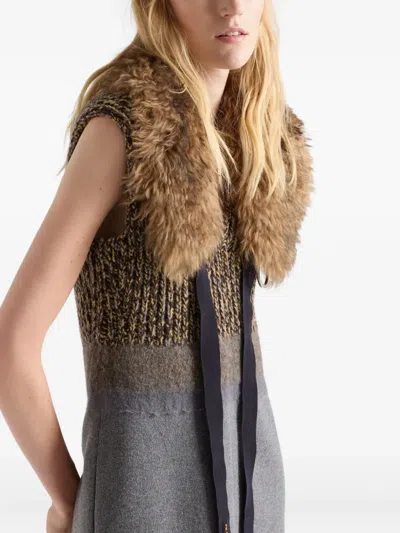 Prada Shetland Mouline Cashmere V-neck Dress In Brown