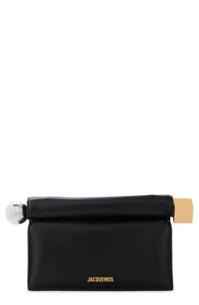 Jacquemus Rectangular Lamb Leather Clutch With Rolled Handle In Black