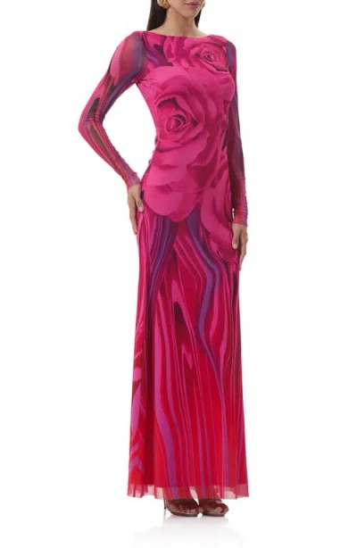 Afrm Talmo Long Sleeve Open Back Mesh Dress In Pink