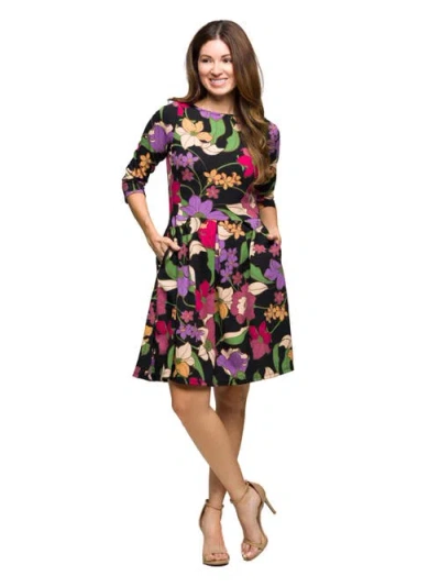 24seven Comfort Apparel Women's Black Multicolor Floral Fit And Flare Pocket Knee Length Dress In Multi