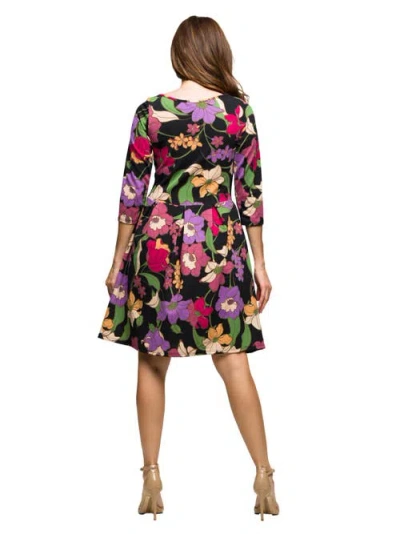 24seven Comfort Apparel Women's Black Multicolor Floral Fit And Flare Pocket Knee Length Dress In Multi