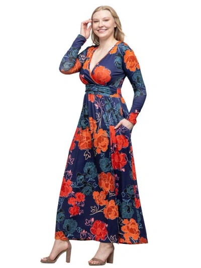 24seven Comfort Apparel Womens Plus Long Sleeve Floral Maxi Dress In Blue
