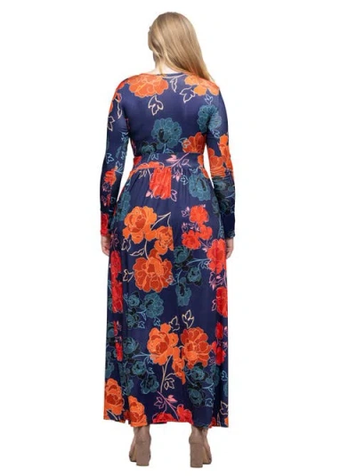 24seven Comfort Apparel Womens Plus Long Sleeve Floral Maxi Dress In Blue