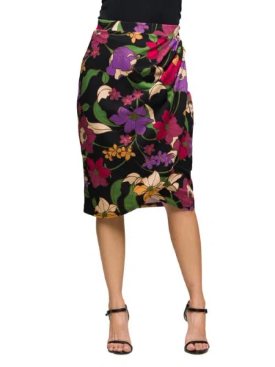 24seven Comfort Apparel Women's Black Multi Floral Print Midi Pencil Skirt In Multi
