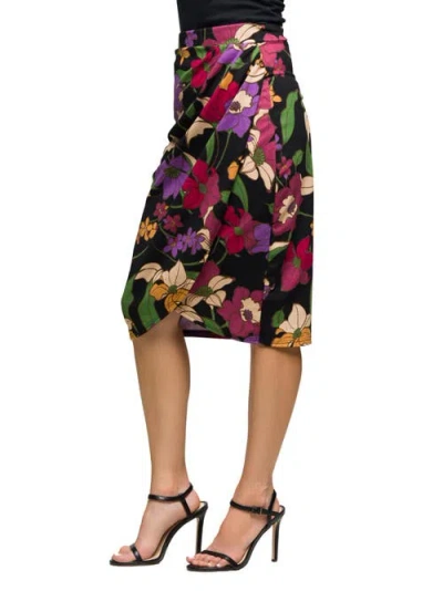 24seven Comfort Apparel Women's Black Multi Floral Print Midi Pencil Skirt In Multi