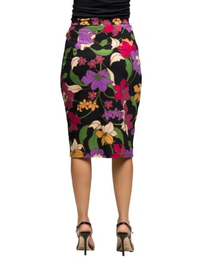 24seven Comfort Apparel Women's Black Multi Floral Print Midi Pencil Skirt In Multi