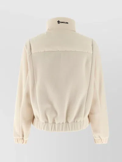 Moncler High Collar Fleece Pullover With Elastic Hem In Neutral