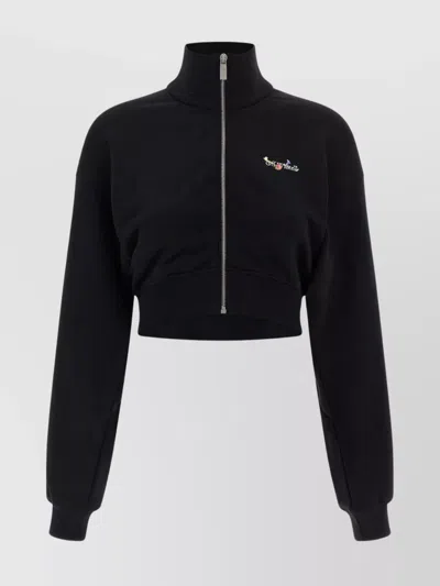 Off-white Floral Print Cropped Sweatshirt With High Collar In Black