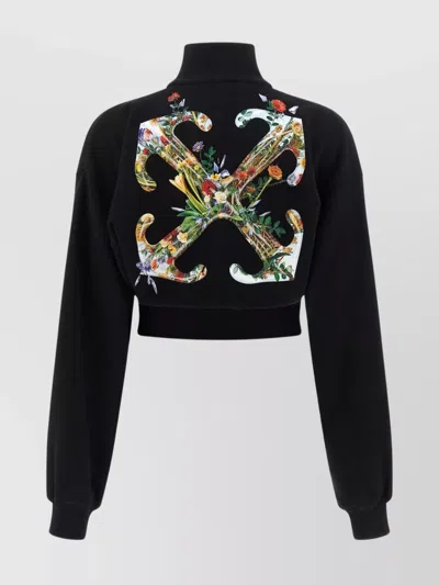 Off-white Floral Print Cropped Sweatshirt With High Collar In Black