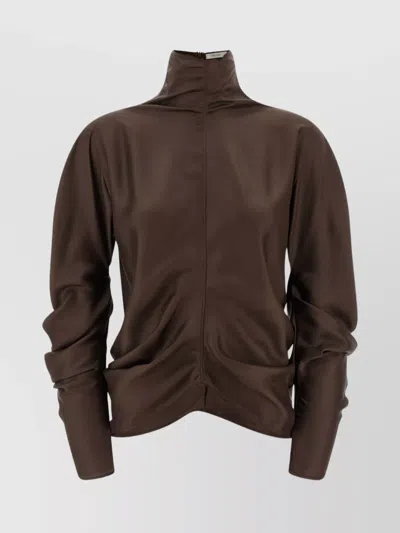 The Row Draped Long Sleeve High Neck Blouse In Brown
