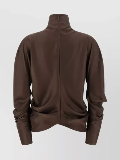 The Row Draped Long Sleeve High Neck Blouse In Brown