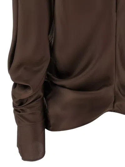 The Row Draped Long Sleeve High Neck Blouse In Brown