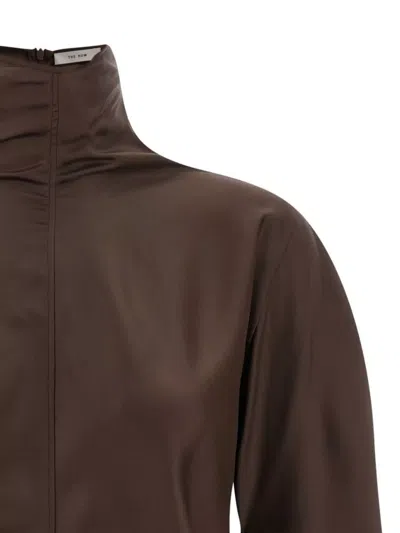 The Row Draped Long Sleeve High Neck Blouse In Brown