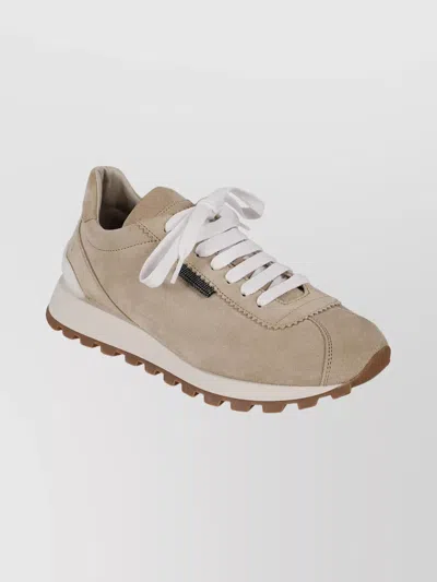 Brunello Cucinelli Suede Sneakers With Textured Platform Sole In Multi