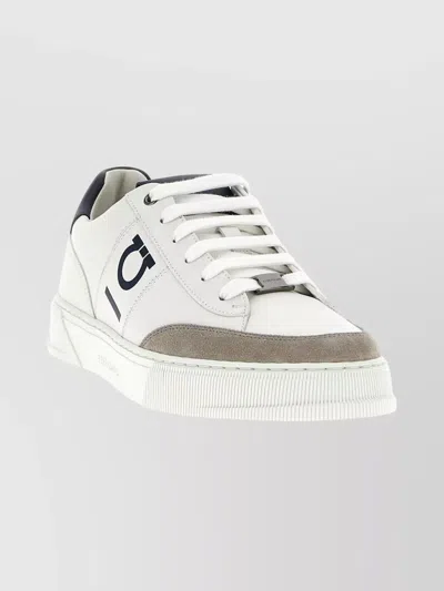 Ferragamo Alaska Leather And Suede Sneaker With Gancini Detail In White