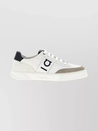 Ferragamo Alaska Leather And Suede Sneaker With Gancini Detail In White
