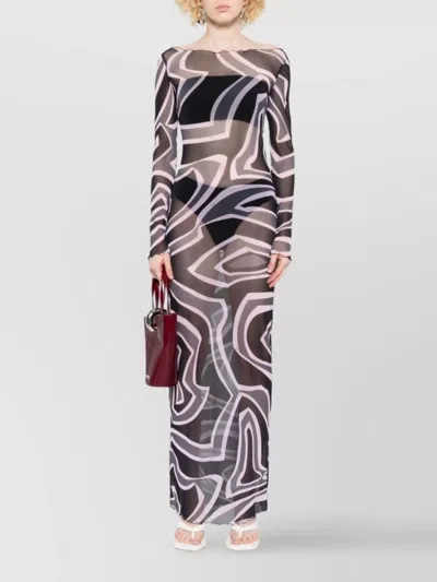 Pucci Maxi Dress With Abstract Pattern And Long Sleeves In Multi