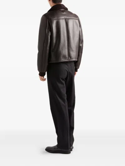 Prada Leather And Shearling Jacket In Brown