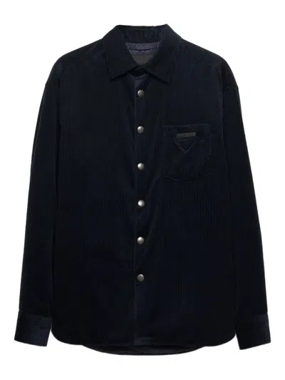 Prada Men's Cashmere And Cotton Corduroy Snap-front Overshirt In Blue
