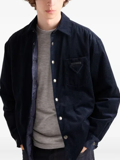 Prada Men's Cashmere And Cotton Corduroy Snap-front Overshirt In Blue