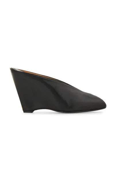 Ferragamo Leather Mules With Wedge Heel And Glossy Finish In Black