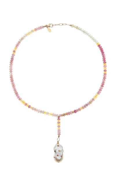 Joie Digiovanni Raspberry Sherbert 18k Yellow Gold Sapphire Baroque Pearl Necklace In Pink