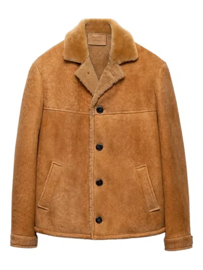 Prada Shearling Coat In Brown