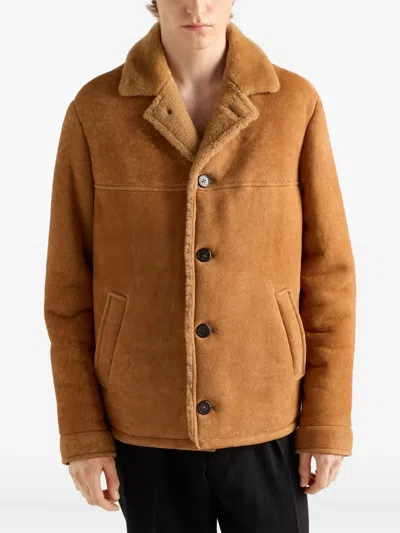 Prada Shearling Coat In Brown