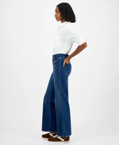 And Now This Now This Womens Wide Leg Faux Leather Trim Jeans 24p 32 Macys Exclusive In Blue