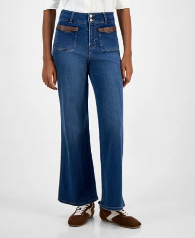 And Now This Now This Womens Wide Leg Faux Leather Trim Jeans 24p 32 Macys Exclusive In Blue