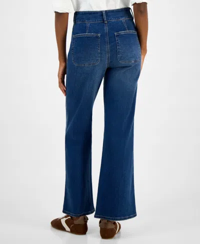 And Now This Now This Womens Wide Leg Faux Leather Trim Jeans 24p 32 Macys Exclusive In Blue