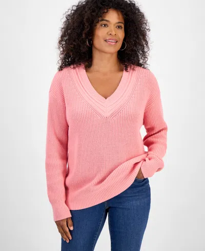 Style & Co Women's Cotton Cable-knit V-neck Sweater, Created For Macy's In Pink