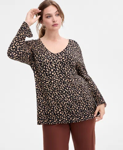 Inc International Concepts Plus Size Print V-neck Tunic, Macy's Exclusive In Brown