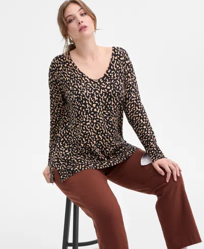 Inc International Concepts Plus Size Print V-neck Tunic, Macy's Exclusive In Brown