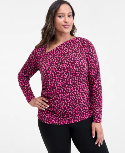 Inc International Concepts Plus Size Printed Asymmetric-neck Top, Macy's Exclusive In Purple