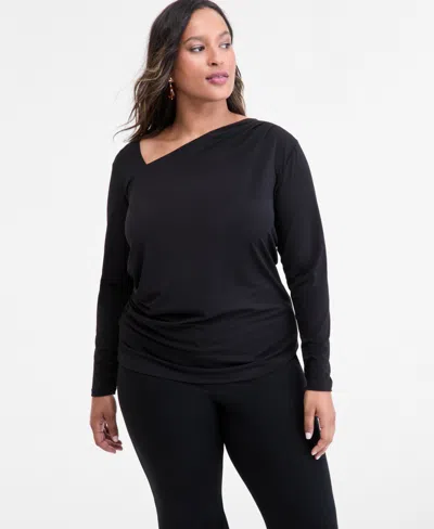 Inc International Concepts Plus Size Asymmetric-neck Long-sleeve Top, Macy's Exclusive In Black